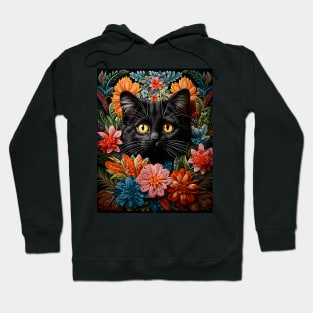 Vintage Black Cat Crochet Flowers - Whimsical Retro Design Hoodie